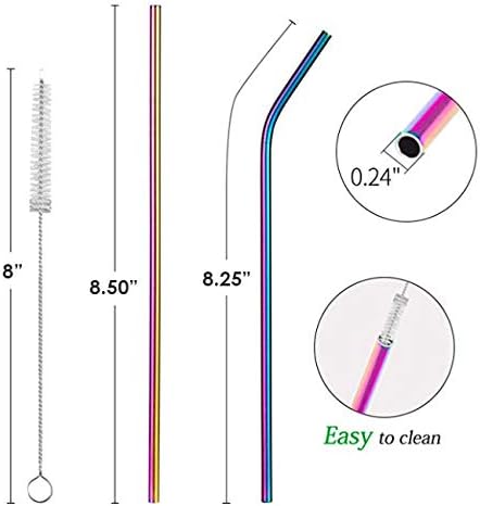 Reusable Straws Set, Stainless Steel Metal, Colorful, Includes 8 Straws, 4 Silicone Tips, 2 Cleaning Brushes, Travel