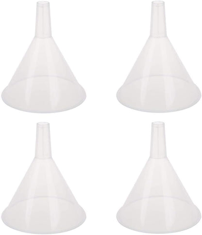 DEDC 4 Pack Clear Plastic Oil Funnels, 150mm Liquid Transfer Funnel for Kitchen, Garage, Car, 5.9 Inches Dia Mouth