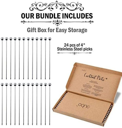 Premium Stainless Steel Cocktail Picks, 24 Pack, 4 Inch Cocktail Skewers for Drinks