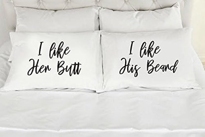 Signatives I Like Her Butt I Like His Beard Pillow Cases, Set of 2 White Pillow Covers for Couples Gifts
