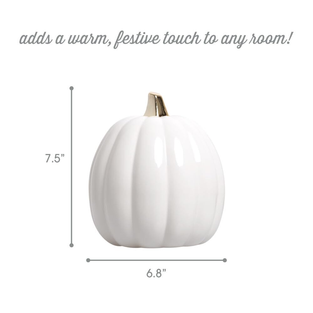Pearhead Ceramic Pumpkin Fall Decor with Gold Stem, White