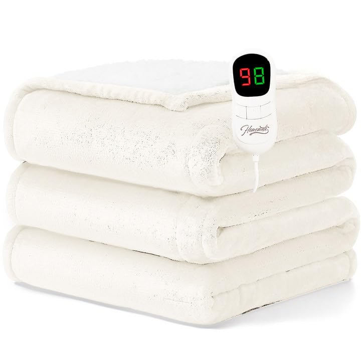 Homemate Heated Blanket Electric Throw - 50"x60" Heating Blanket Throw 1/2/4/6/8 Hours Auto-Off 10 Heat Level Over-Heat Protection Flannel Sherpa ETL Certification