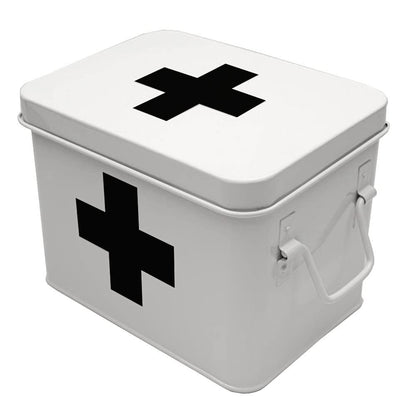 Lassos Boutique Retro Enameled First Aid Box for Medicine Storage and Home Decor with Lid and Removable Tray (White/Black)