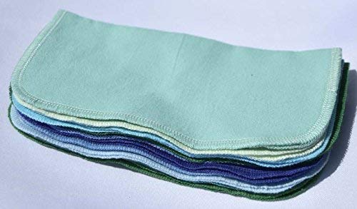 1 Ply Solid Color Flannel Wipes, 8x8 Inches, Set of 10 Assorted Blues and Greens, Made in the USA