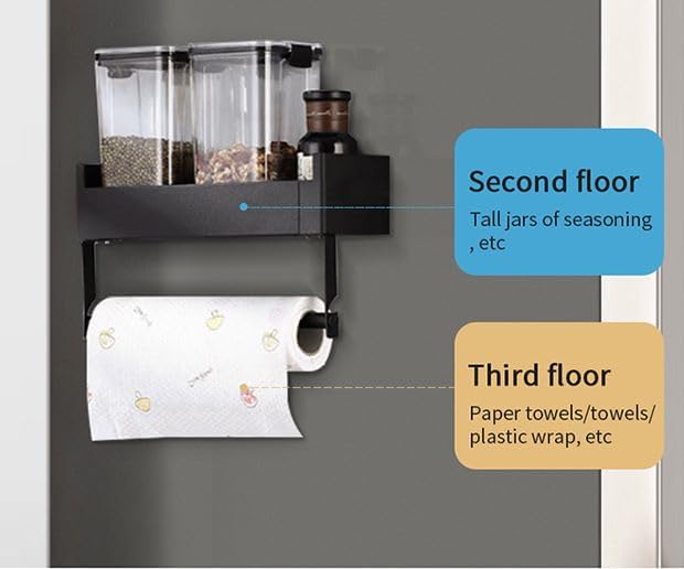 Magnetic Spice Rack Organizer for Refrigerator, with Paper Towel Holder Shelf for Small Kitchen Storage (Black)
