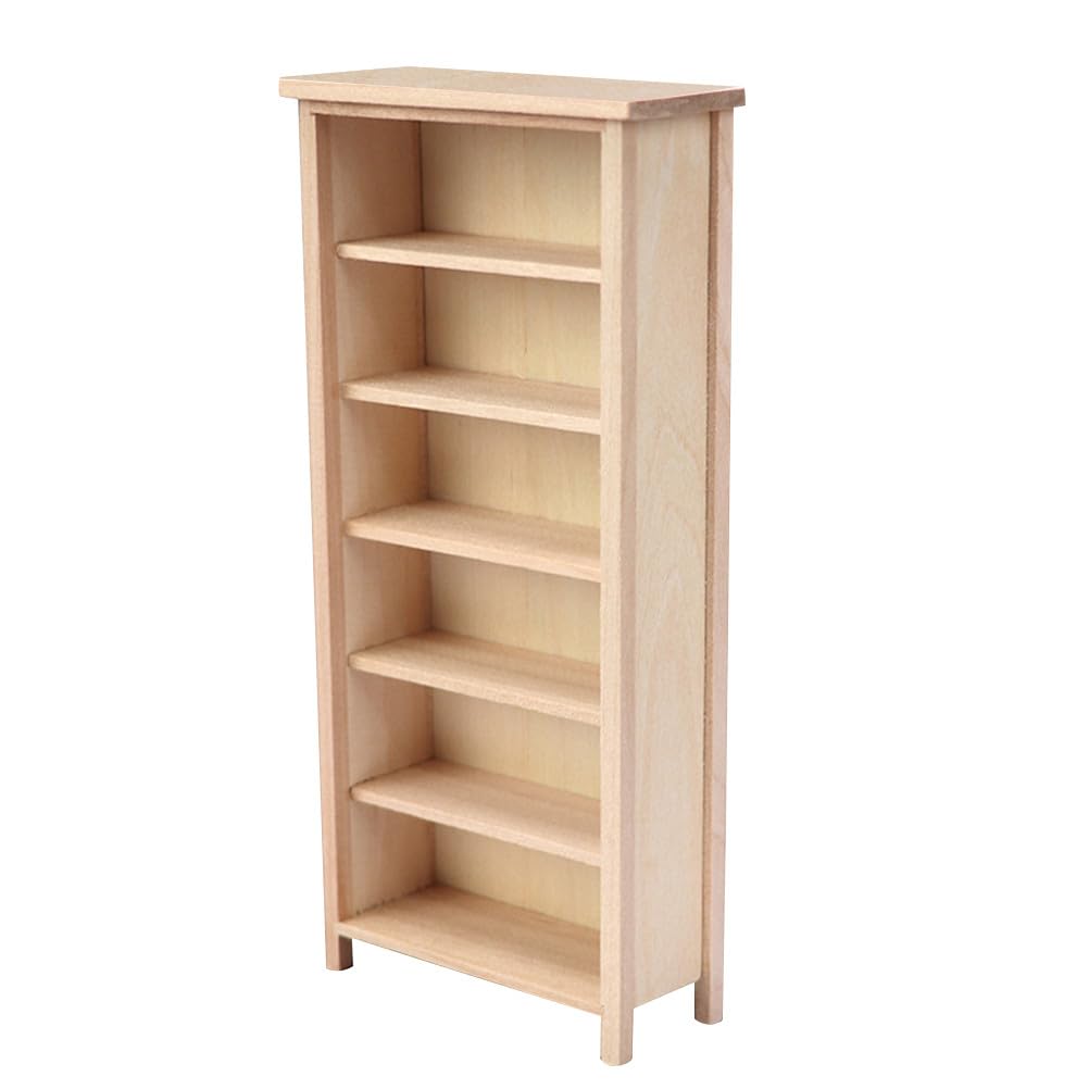 Angoily Mini Bookshelf, Dollhouse Bookcase, 1:12 Scale Doll House Furniture, Miniature Wooden Storage Cabinet Model, Unfinished Wood Library Shelving Scene, DIY Accessories for Room Display Collection
