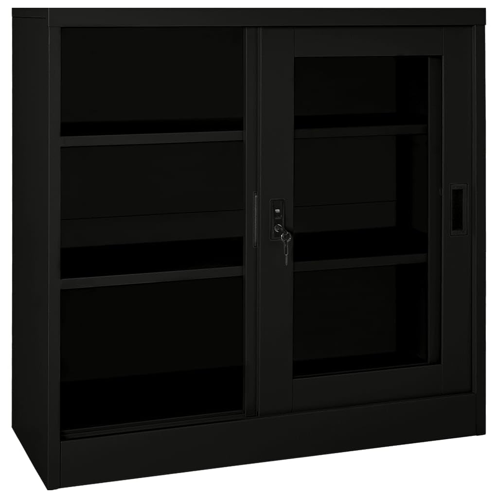 mtlskopl Sliding Door Storage Cabinet Black Steel Matte Tempered Glass 35.4 x 15.7 x 35.4 in Adjustable Shelves Lockable Office Garage Living Room Bathroom Organizer