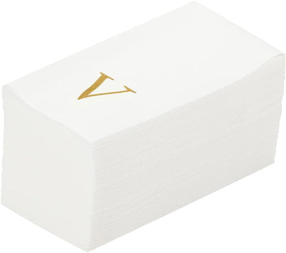 15.8 7.9 Inch 50 Luxenap X Linen-Feel Guest Towels, Lettered Hand Towels - Gold Letter 'V', Sans Serif Font, White