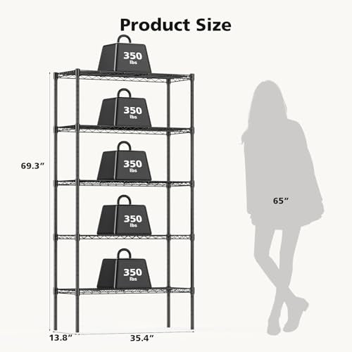 DUMOS 5 Tier Metal Wire Rack Shelf Heavy Duty Standing Shelves Adjustable Steel Closet Shelving Unit Organizers and Storage for Kitchen Bathroom Pantry Office, 13.78" D x 35.43" W x 69.29" H