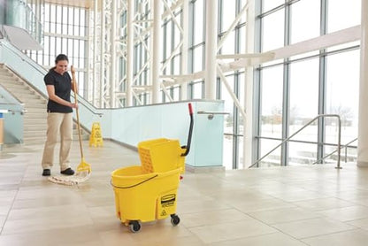 Rubbermaid Commercial Products WaveBrake 35 Qt. Side-Press Mop Bucket and Wringer Combo on Wheels Yellow for Professional/Industrial/Business Heavy-Duty Floor Cleaning/Mopping