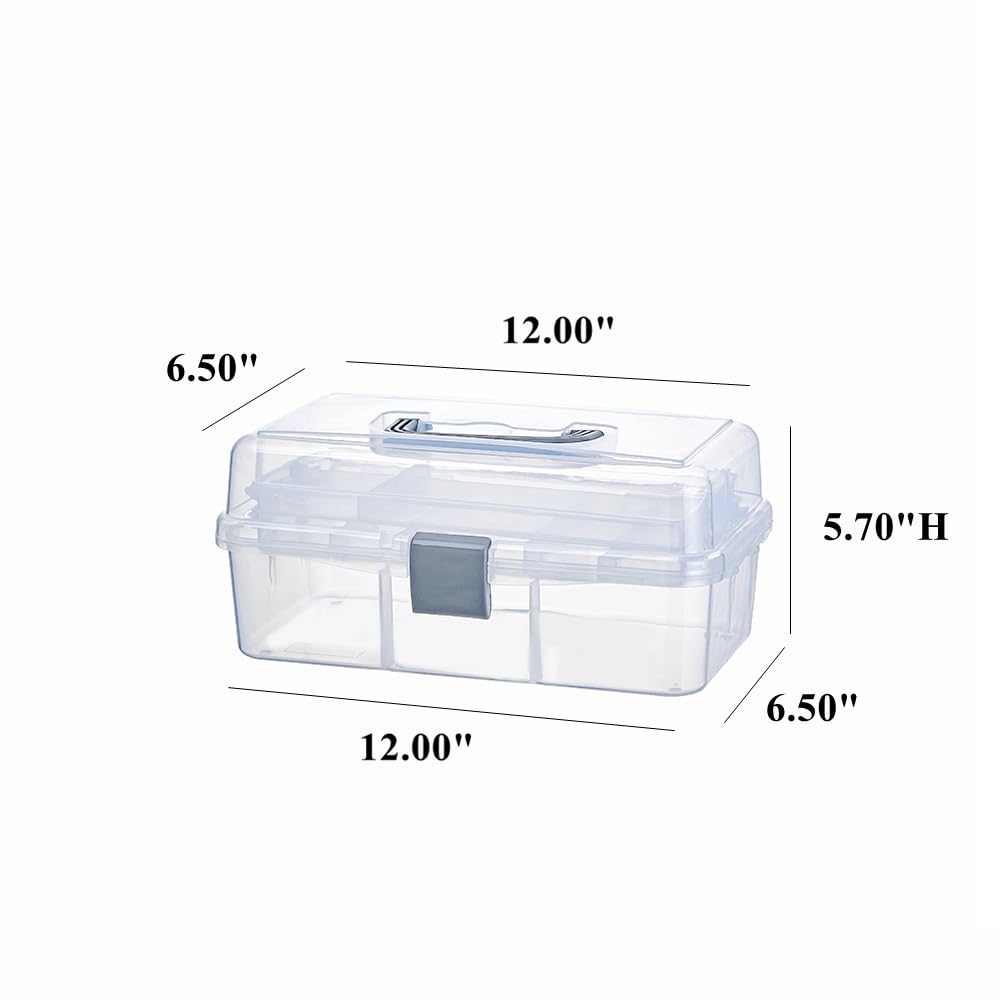 BangQiao 2-Tier Trays Clear Gray Plastic Storage Container Organizer Box, Multipurpose Portable Carrying Case with Latch Lock and Handle for Art, Craft, Sewing Supplies, First Aid, Makeup