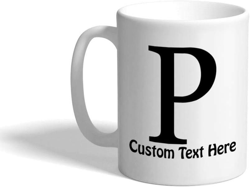 Custom Ceramic Coffee Mug, 11 Ounces, Alphabet Letter Monogram P, Personalized Text Here, White Tea Cup.