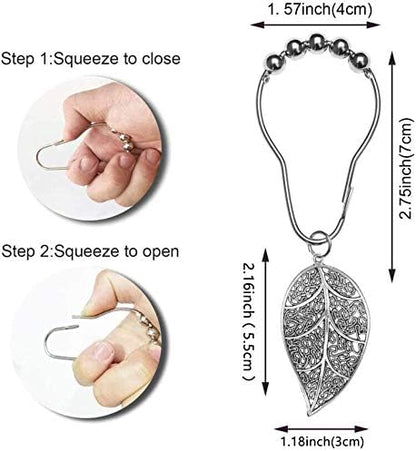 CHICTIE Silver Shower Curtain Rings Hooks - Chrome Leaves Decorative Set of 12 Stainless Steel Rust-Proof