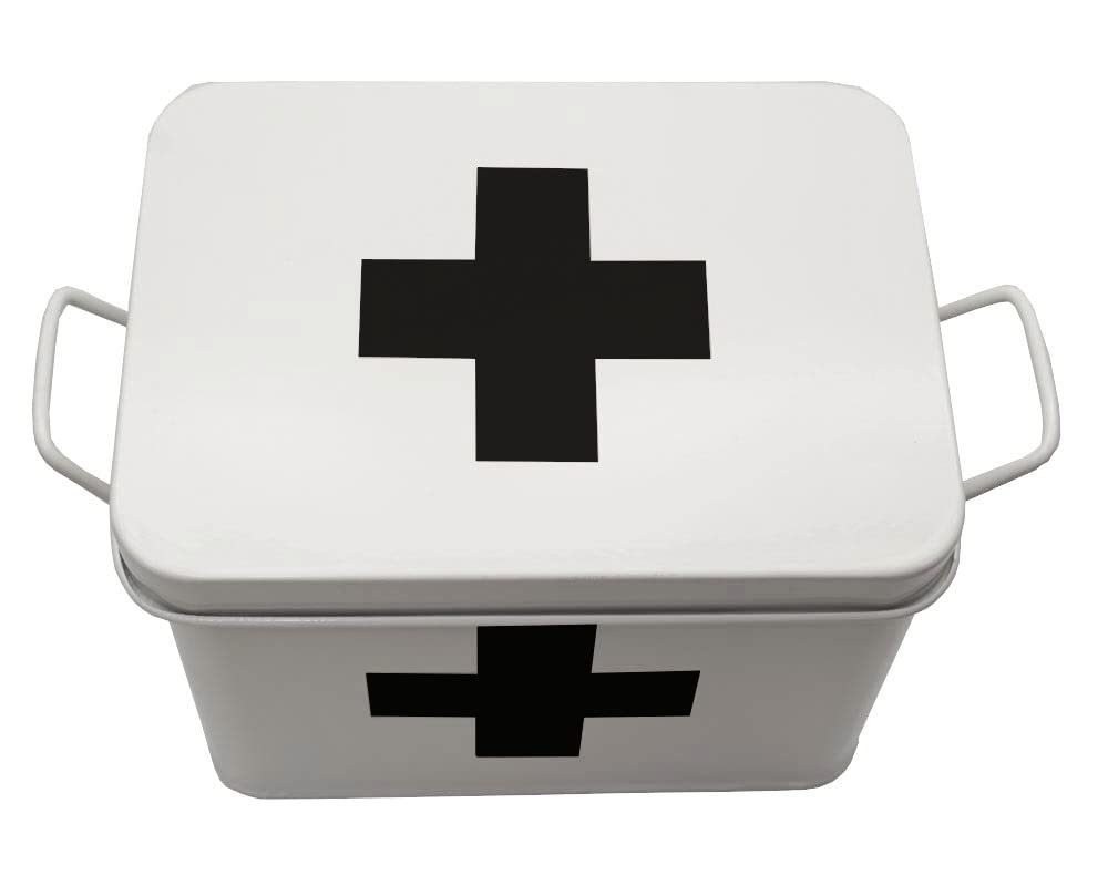 Lassos Boutique Retro Enameled First Aid Box for Medicine Storage and Home Decor with Lid and Removable Tray (White/Black)
