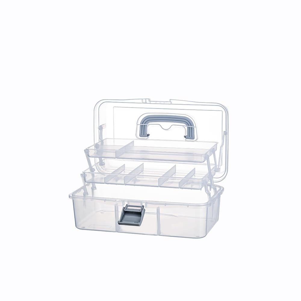BangQiao 2-Tier Trays Clear Gray Plastic Storage Container Organizer Box, Multipurpose Portable Carrying Case with Latch Lock and Handle for Art, Craft, Sewing Supplies, First Aid, Makeup
