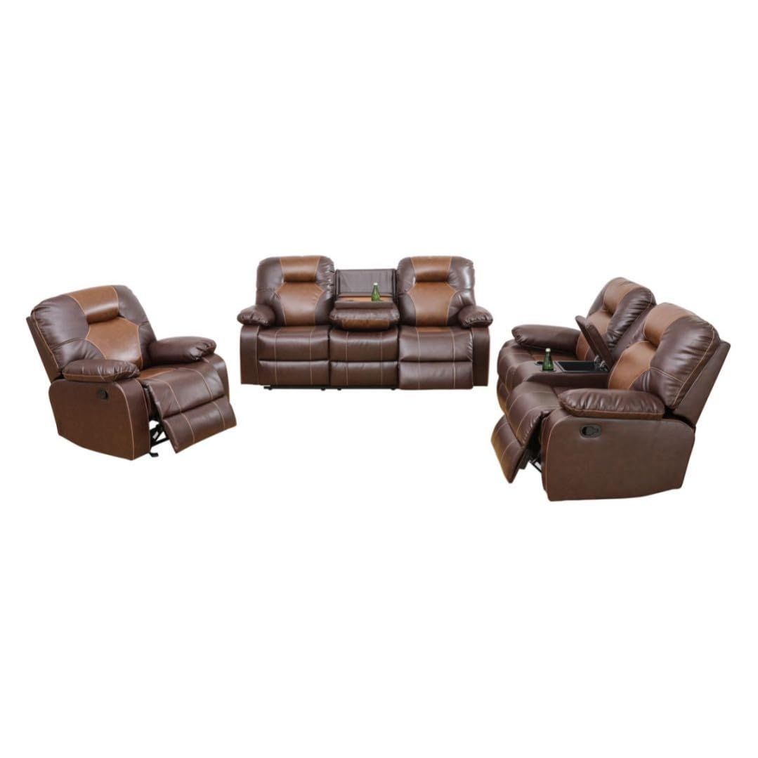 UOCFYK Manual Breathing Leather Recliner Sofa, Leather Recliner Couch, Comfortable Wide Lazy Leather Sofa for Living Room (Brown, 3-Piece)
