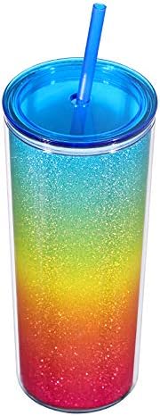 Home Tune Rainbow Tumbler with Straw, Sand Flow Glitter Double Wall Acrylic Cup, 21 oz / 640ml, Blue