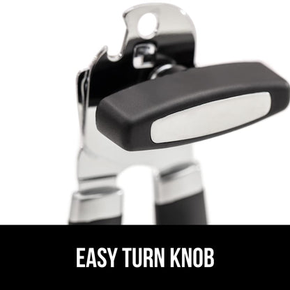GORILLA GRIP Heavy Duty Stainless Steel Smooth Edge Manual Can Opener and Bottle Openers, Soft Comfortable Handle, Oversized Handheld Turn Knob, US Designed Multifunctional Kitchen Tool, Black
