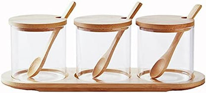 Glass Condiments Container-Seasoning Box with Spoons for Spice Salt Sugar Cruet (3P)