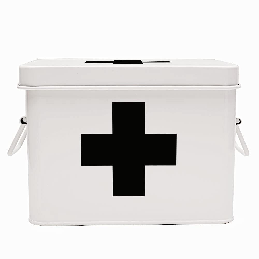 Lassos Boutique Retro Enameled First Aid Box for Medicine Storage and Home Decor with Lid and Removable Tray (White/Black)