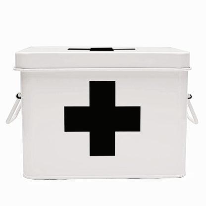 Lassos Boutique Retro Enameled First Aid Box for Medicine Storage and Home Decor with Lid and Removable Tray (White/Black)