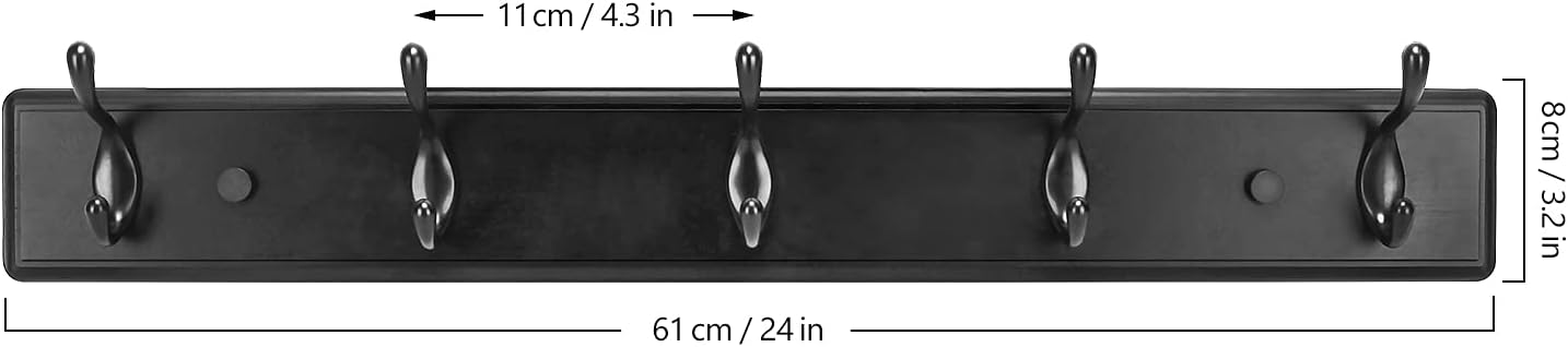 Wooden Coat Rack, Wall-Mounted Organizer for Closet, Entryway, Heavy Duty Double Hooks for Hanging Towels, Black