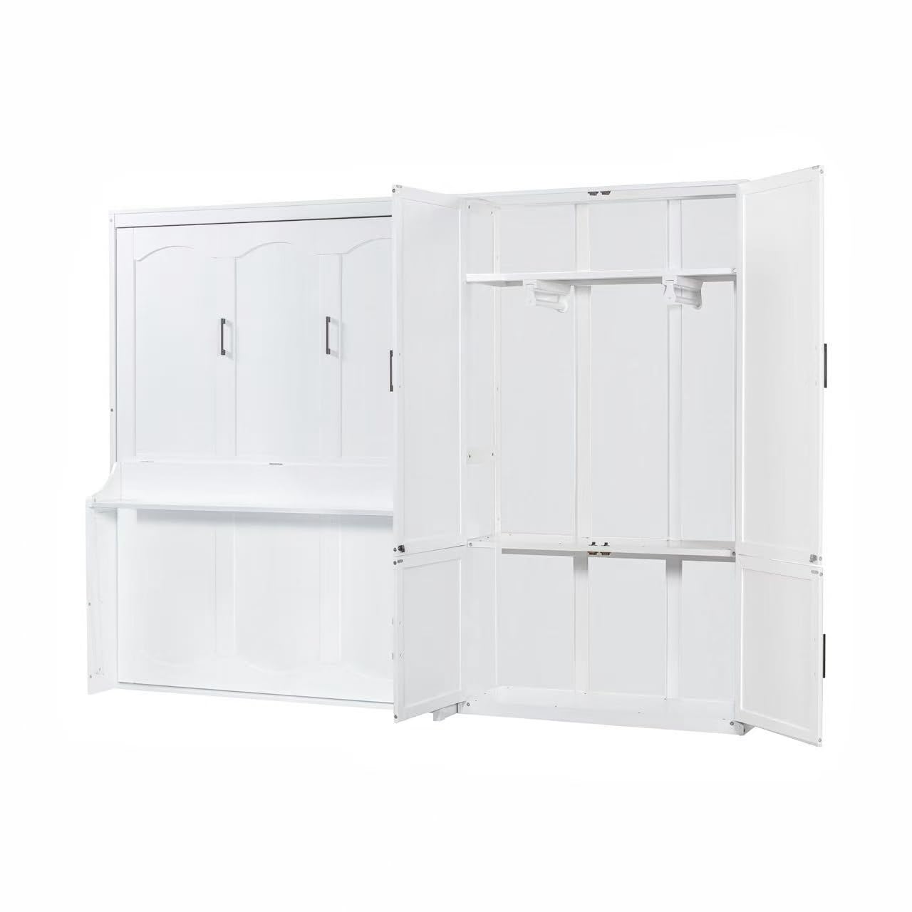 Ball & Cast Queen Size Murphy Bed Wall Bed with Built-in Wardrobe Storage and Hydraulic Lift System,Wood Hideaway Cabinet Platform Bedframe w/Slat Support,can be Folded,for Small Room,Dorms,White
