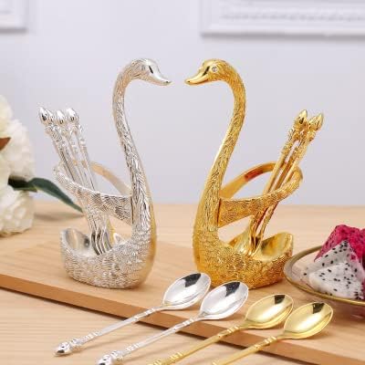 6pcs Coffee Spoon Set, Stainless Steel Mini Dessert Teaspoons with Swan Base Holder, Gold