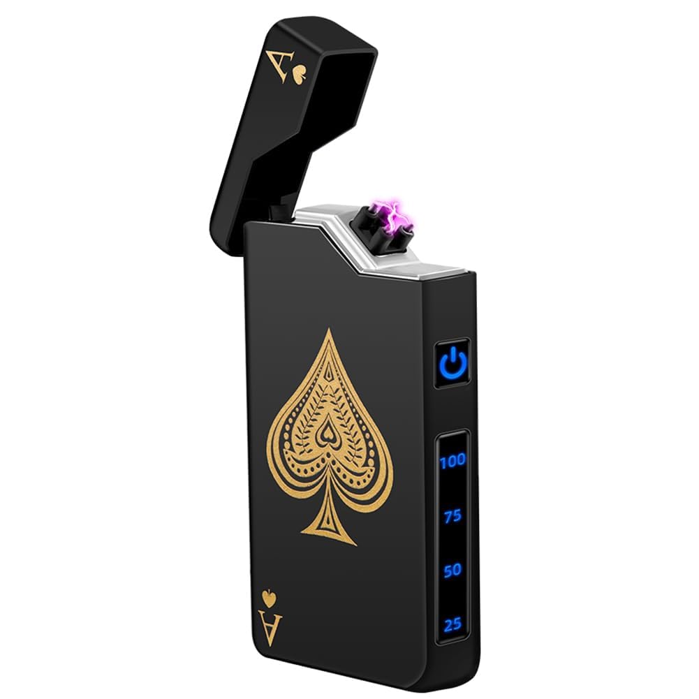 LcFun Electric Lighter Rechargeable USB, Dual Arc Plasma Lighter, Windproof Flameless Electronic Lighters, Pocket Metal Lighters with LED Battery Indication for Candles, Camping (Black Ace)
