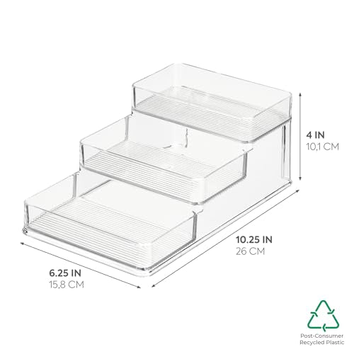 iDesign Recycled Plastic 3-Tier Stadium Spice Rack Organizer for Kitchen, Fridge, Freezer, Pantry and Cabinet Organization, The Linus Collection – 6.25" x 4" x 1.25", Clear