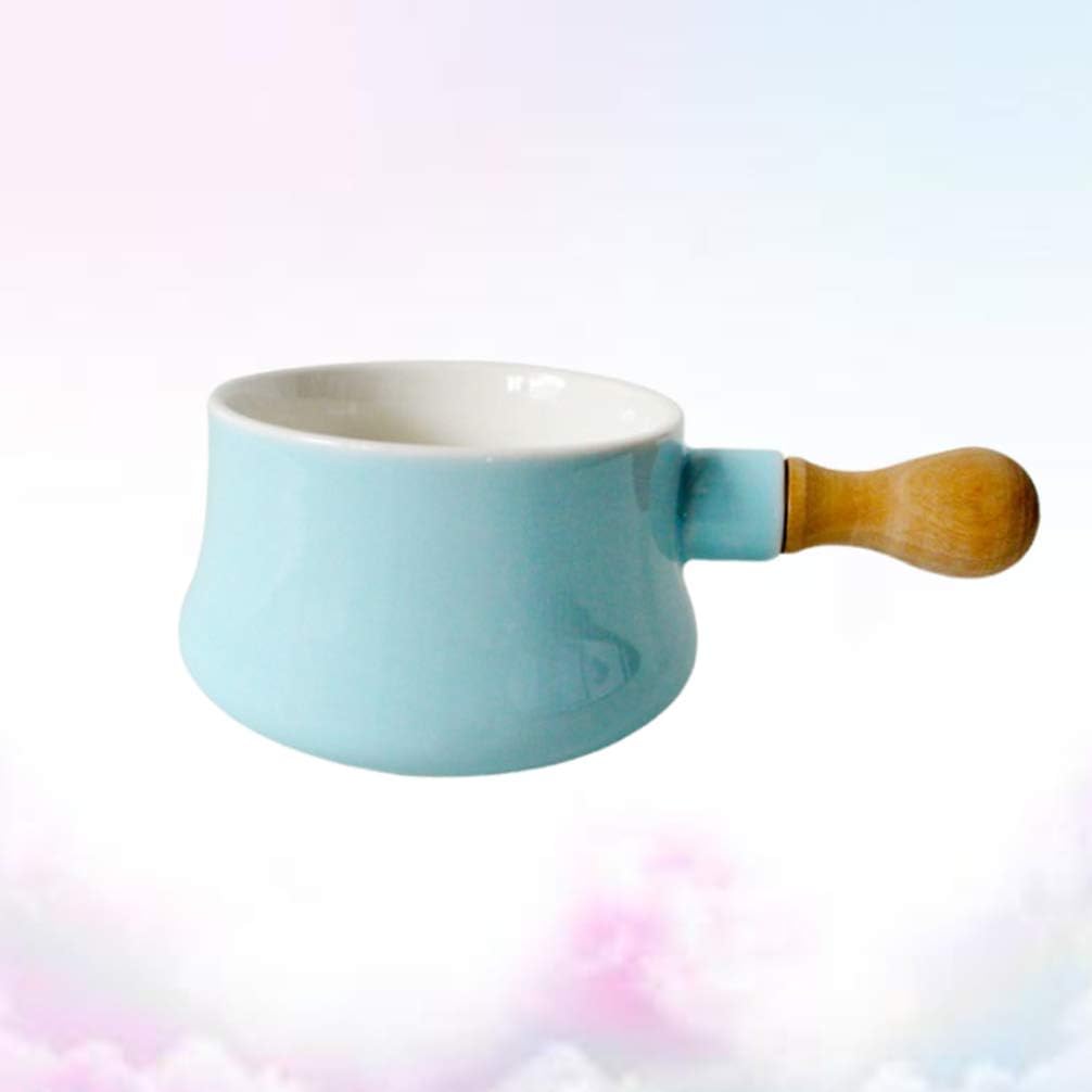 Cabilock Non-Stick Ceramic Mini Saucepan, Wooden Handle, 380ML Butter Warmer Frying Pan for Soup