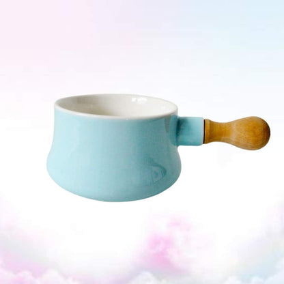 Cabilock Non-Stick Ceramic Mini Saucepan, Wooden Handle, 380ML Butter Warmer Frying Pan for Soup
