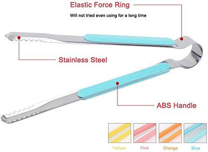 HANSA 2PCS Blue Color Stainless Steel Food Ice Tongs, 9 Inch BBQ Baking Utensils with ABS Handle & Silicone Brush