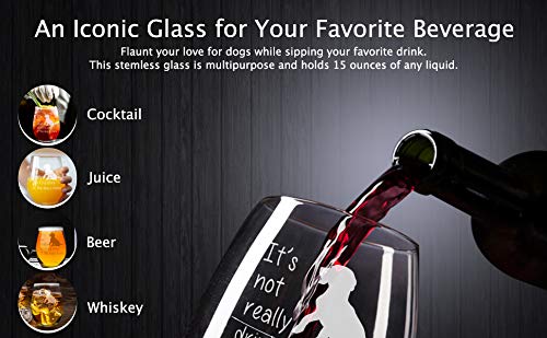 C M The Dog is Home Funny Stemless Wine Glass for Him, Her, Wife, Husband, Friend, Cute Dog Gift for Men Women - 17 oz (Style D1)