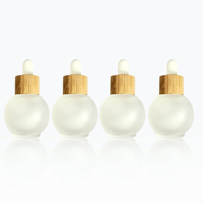 Rowcay Frosted Glass Dropper Bottles, 50ml Small Bulb Shape Essential Oil Dropper Bottle Perfume Dispenser Bottle with Dropper and Bamboo Lid for Essential Oils, Perfumes and Other DIY Liquids(4Pcs)