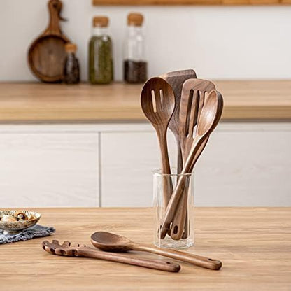 Gudamaye 12-Inch Black Walnut Wooden Cooking Spoons - 6-Piece Long Handle Utensil Set
