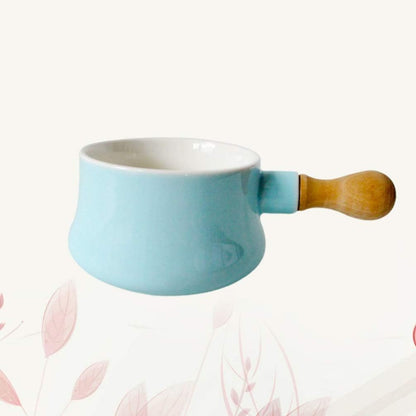 Cabilock Non-Stick Ceramic Mini Saucepan, Wooden Handle, 380ML Butter Warmer Frying Pan for Soup