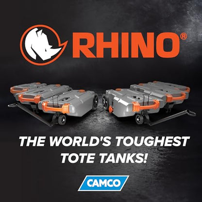 Camco Rhino 36-Gallon Camper/RV Tote Tank - Features Large Heavy-Duty No-Flat Wheels & Built-In Gate Valve - Removable Steel Tow Adapter, 3’ Sewer Hose & More RV Accessories (39006)