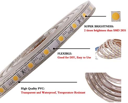 XUNATA LED Strip Lights, 110V SMD 5050 Waterproof Flexible Rope Tape Light, 1m Cool White for Garden Decor