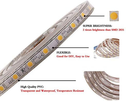 XUNATA LED Strip Lights, 110V SMD 5050 Waterproof Flexible Rope Tape Light, 1m Cool White for Garden Decor