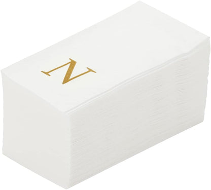 15.8 7.9 Inch 50 Luxenap X Linen-Feel Guest Towels, Lettered Hand Towels - Gold Letter 'N', Sans Serif Font, White