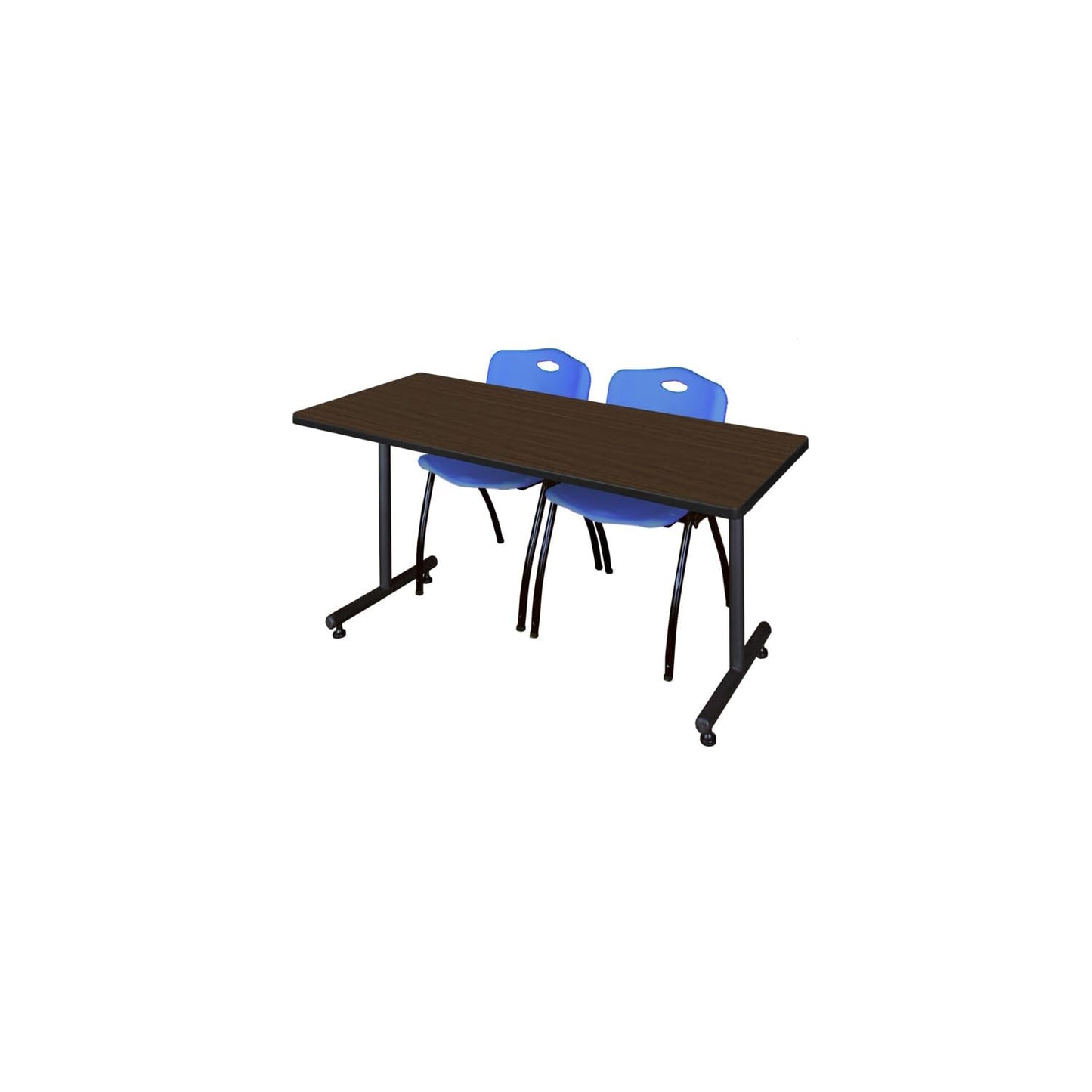 Regency Kobe 72 x 30 in. T-Base Training Seminar Table- Neo Walnut, 2 M Stack Chairs- Blue