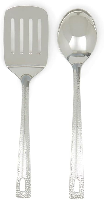 Stainless Steel Utensil Set with Elegant Hammered Finish, Includes Slotted Turner and Serving Spoon