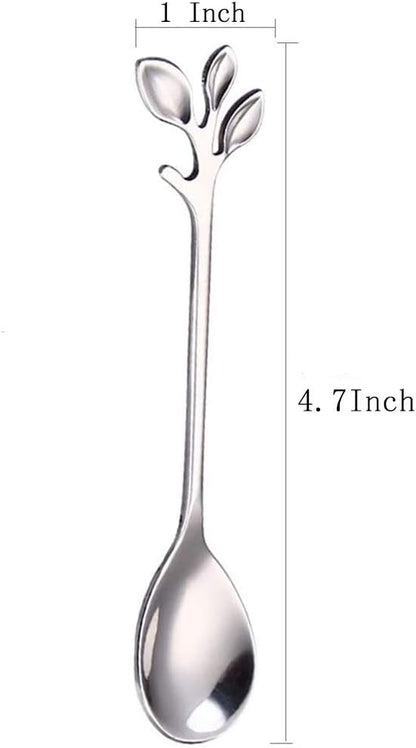 AnSaw 16-Pieces 4.7-Inch Small Coffee Spoons with Leaf Handle, Silver