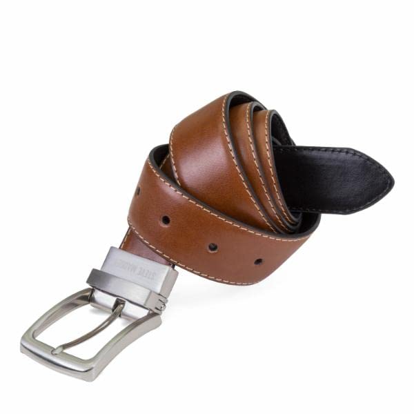 Steve Madden Reversible Men's Dress Casual Every Day Leather Belt, Cognac/Black (Feather Edge), 36
