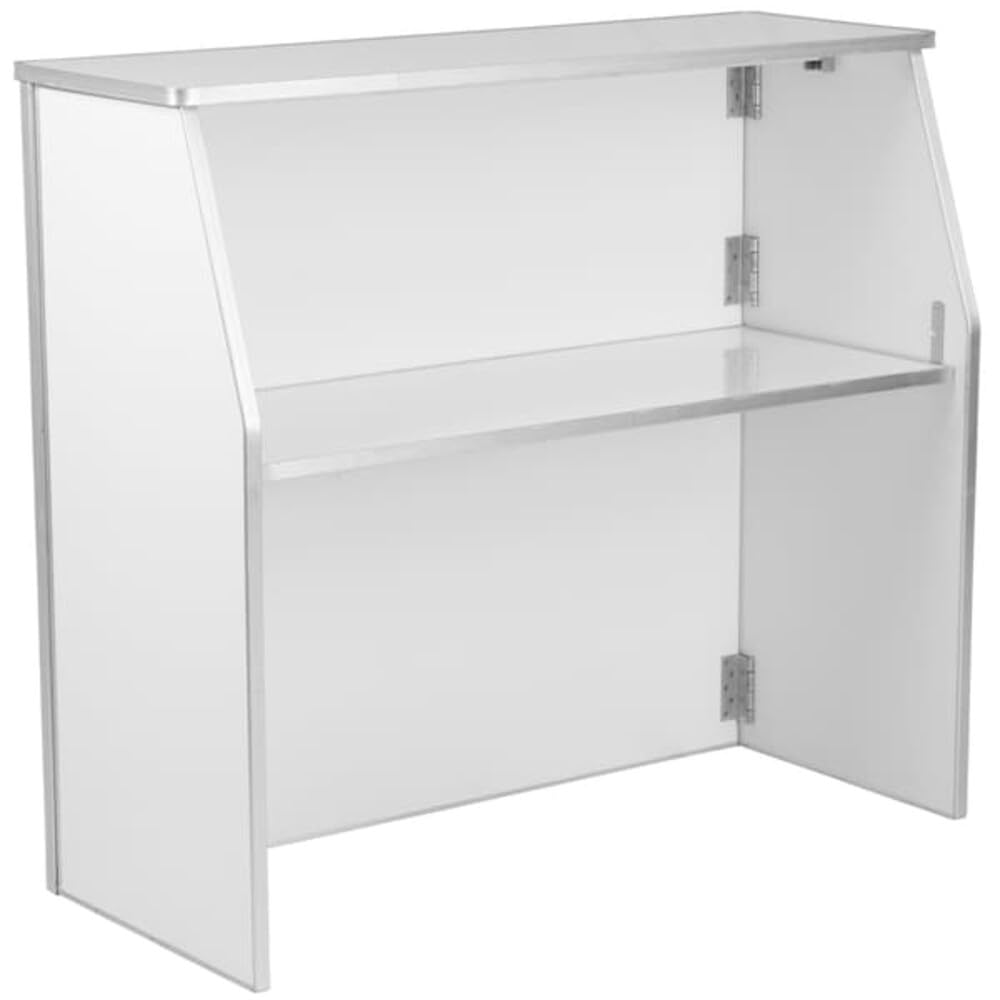 Flash Furniture 4' Folding Portable Event Bar with Top and Middle Shelves, Mobile Laminate Foldable Bar for Parties and Events, White