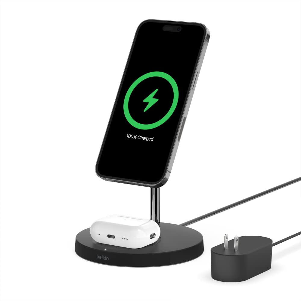 Belkin 2-in-1 MagSafe Wireless Charging Dock 15W Fast Charge iPhone Charger Compatible with iPhone 17, 16, 15, and 14 Series, AirPods, Pixel 10, and Other MagSafe Enabled Devices, PSU Included - Black