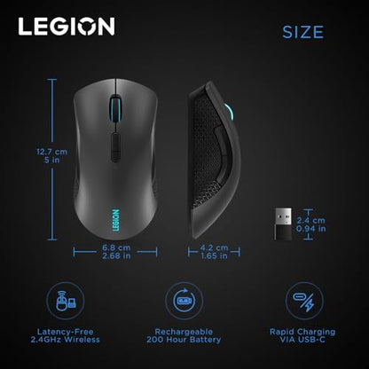 Lenovo Legion M410 Wireless RGB Gaming Mouse – 6 Button Palm Grip Mouse with 16,000 DPI, 53 Hour Rechargeable Battery, 2-Zone RGB Lighting, NVIDIA Reflex Compatible