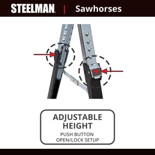 Steelman Adjustable Height Work Table Folding Sawhorses, Set of Two, Durable Steel Construction, Folding Legs, 2x4 Table Support Arms, 2,600 lb. Combined Loading Capacity