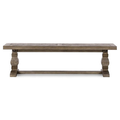 MAKLAINE 66" Transitional Reclaimed Pine Wood Bench, Weathered Brown Finish, Hand-Carved Pedestal Base, Rustic Style Seating for Kitchen or Dining Room, Seats Up to 3